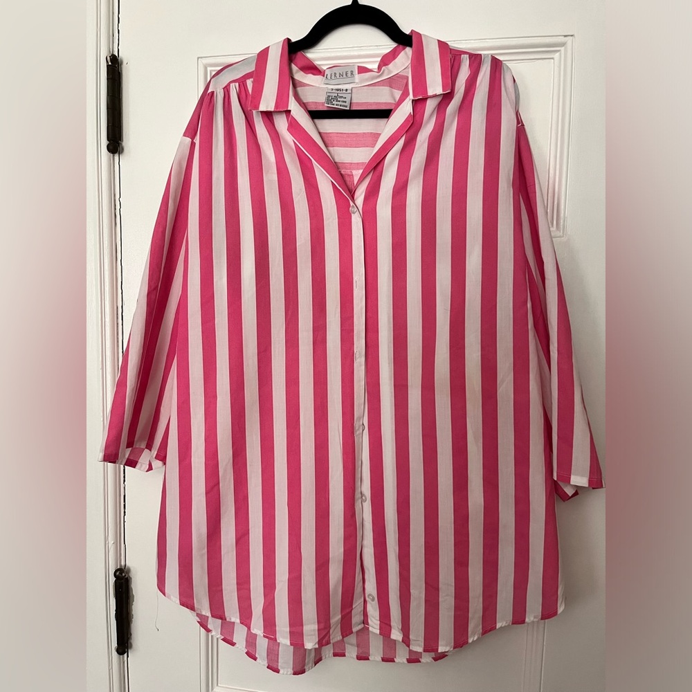 Vintage Oversized Lerner Crop Sleeve Pink Striped Blouse - Large